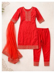 Elegant Saffron Embroidered Suit Set with Dupatta