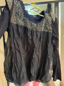 Sparkling Black Long Sleeve Blouson PArtyTop