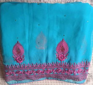 Set Of Beautiful Teal Saree with Pink Embroidery A