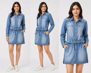 Denim Shirt Dress with Drawstring Waist