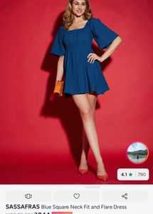SASSAFRAS Blue Square Neck Fit and Flare Dress