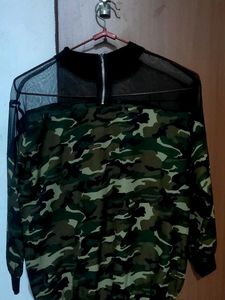 Camo Print Mesh Yoke Top