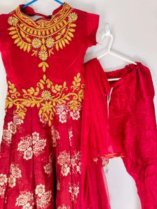 Red Embroidered Girls' Anarkali Suit