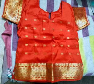 Bright Orange &amp; Navy Black Pattu Pavada