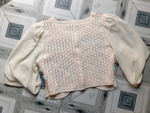 Boho Crochet Button-Up Top with Sheer Sleeves