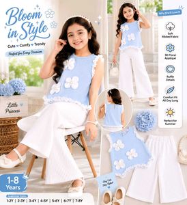 Girls Premium Ribbed Co-Ord Set | Cute Flower Appl