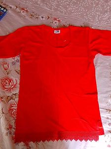Vibrant Red Cotton Blouse with Lace Trim