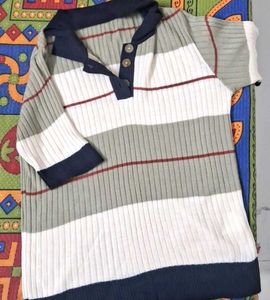 Striped Polo Neck Knit Top