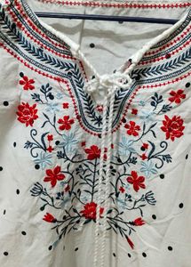 Embroidered White top with Tassel Tie