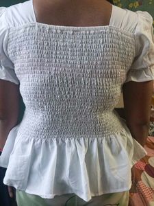 Chic White Smocked Crop Top with Bow Detail