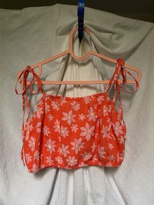 Orange Floral Cotton Tie-Strap Crop Top