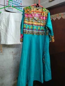 Vibrant Teal Kurta with Embellished Neckline