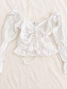 White Ruched Bow-Front Top