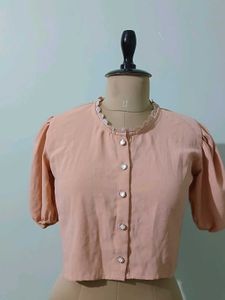 Elegant Peach Blouse with sparkly pearl button