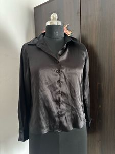 Sleek Black Satin Button-Up Shirt
