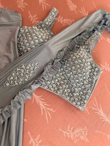 Elegant Grey Ruffled Saree with Embellished Blouse