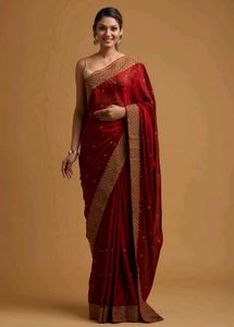 Koskii Red SareeAttached Blouse piece Gold Embroid