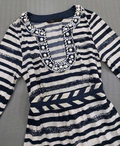 Striped Tunic Top with Embellished Neckline
