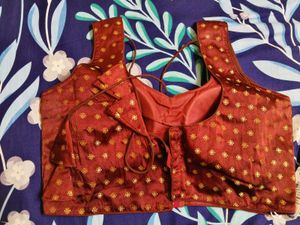 Elegant Maroon Silk Blouse with Gold Print