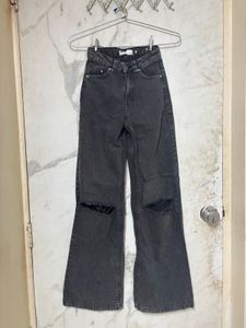 Charcoal Black High-Waisted Ripped Wide-Leg Jeans