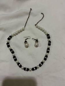 Pearl &amp; Black Bead Necklace with Earrings Set
