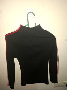 Black Striped Ribbed High Neck Top