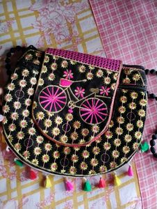 Embroidered Black Bicycle Sling Bag NEW