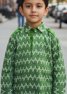 Green Floral Print Chikankari Work Tunic Kurta