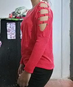 Red Cold Shoulder Sweater with Studs