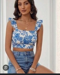 Blue Floral Smocked Crop Top