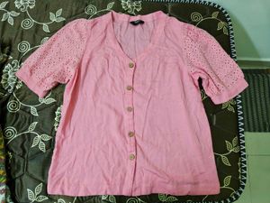 Chic Pink Button-Up Top with Eyelet Sleeves