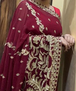 Y2K Exquisite Red Embroidered Saree without blouse