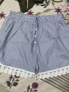 Blue Striped Shorts with Lace Trim