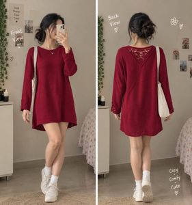 Maroon Crochet Detail Oversized Knit Tunic
