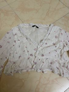 Sheer Floral Crop Top with Lace Trim