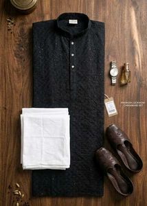 Men's Black Lucknowi Chikankari Kurta Set
