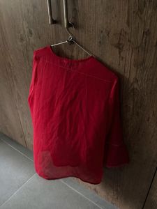 Red Sheer Tie-Neck Blouse