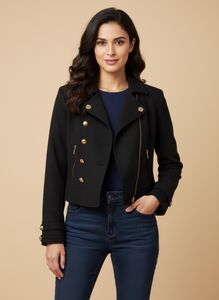 Chic Black Cropped Jacket with Gold Buttons