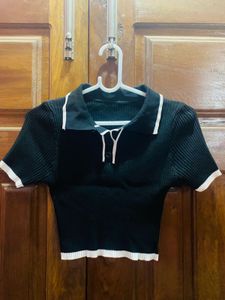 Black Ribbed Cropped Polo Shirt