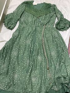 Elegant Green Ethnic Gown with Crochet Neckline