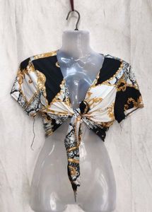 11245. Stylish Printed Tie-Front Crop Top