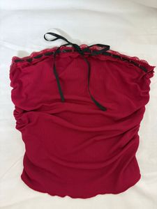 Ruched Red Tube Top with Lace Trim