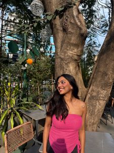 Chic Pink Strapless Ribbed Asymmetrical top small