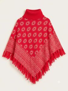 Cozy Red Printed Poncho Sweater