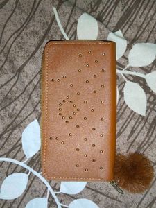 Stylish Tan Wallet with Pom-Pom Charm