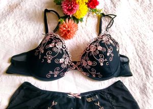 Black Embroidered Bra &amp; Panty Set