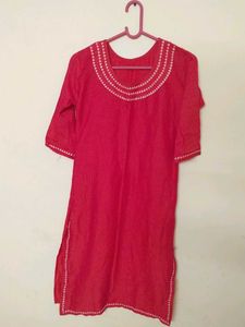 Bright Pink Kurti with Embroidered Neckline