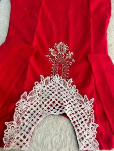 Red Kurta Set with Intricate White Lace Neckline