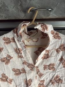 Cute Teddy Bear Print Button-Up Shirt