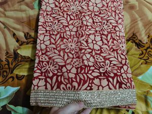 Red Floral Print Saree with Embellished Border